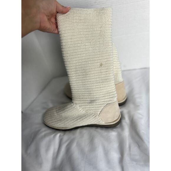 ✨SO Womens Cream Knit Tall Boots Size8 Side Zip Up Suede Heel Casual Cozy - Picture 3 of 10